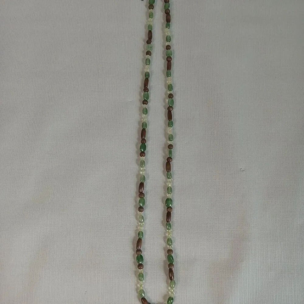 Green and Brown Plastic with Wood Beaded Long Adjustable Single Strand Necklace